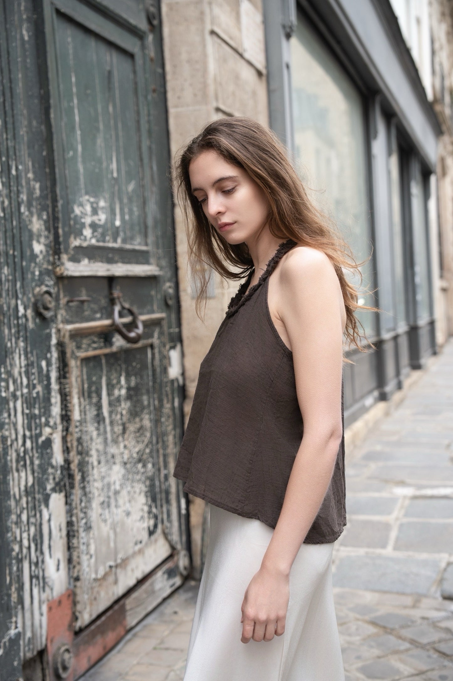 CELINE VEST 抽鬚棉麻削肩背心