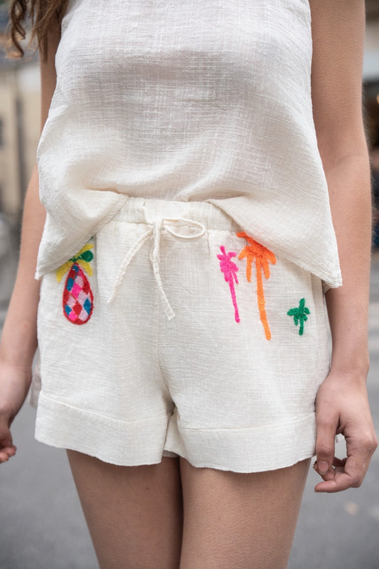 Embroidered cotton linen shorts