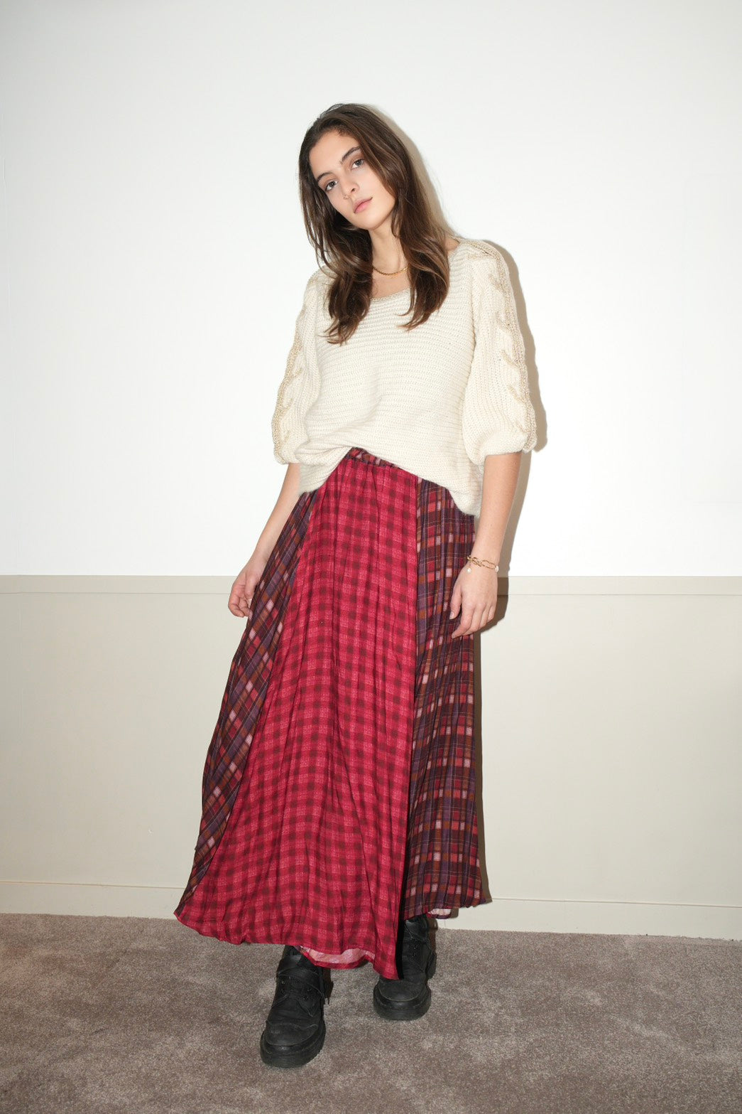 CARMEN LONG SKIRT 混色格紋拼接長裙