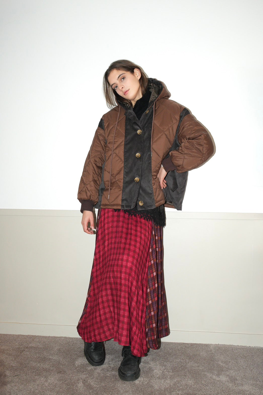 CARMEN LONG SKIRT 混色格紋拼接長裙